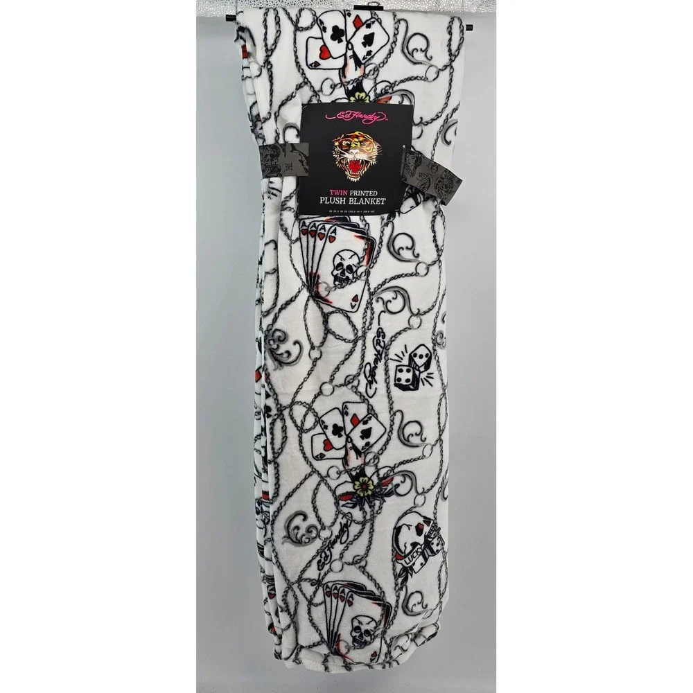 Ed Hardy Twin Printed Plush Blanket White Tattoo Skull Cards Dice 60x90 New